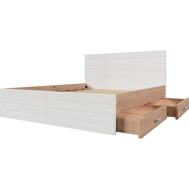 Holzbett aus Massivholz & MDF mit 2 Schubladen & Lattenrost, 160x200 cm, 207x165x80 cm, Weiß/Eiche, ohne Matratze – Bild 9