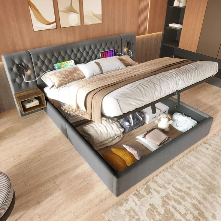 Bettanlage Schlafzimmer Komplett Set,Polsterbett Hydraulisch Stauraumbett Doppelbett 180×200 cm mit 2 Nachttischen, Kopfteil Leselicht mit USB Ladefunktion, Grau, Samt(Ohne Matratze) – Bild 1