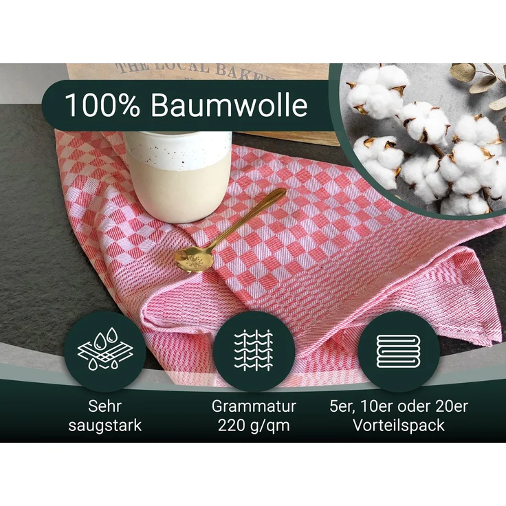 ZOLLNER 5er Set Geschirrtücher, 100% Baumwolle, 46x70 cm, saugstark, rot kariert – Bild 2