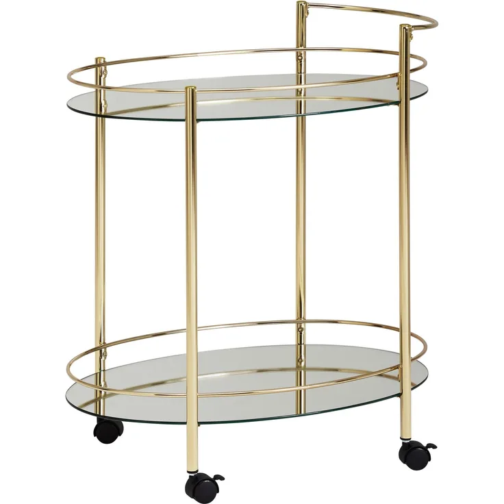 Kadima Design Goldener Servierwagen, Retro-Charme, 2 Glasplatten, rollbar, stabile Stahlkonstruktion, leicht zu reinigen. 67x46x79 cm