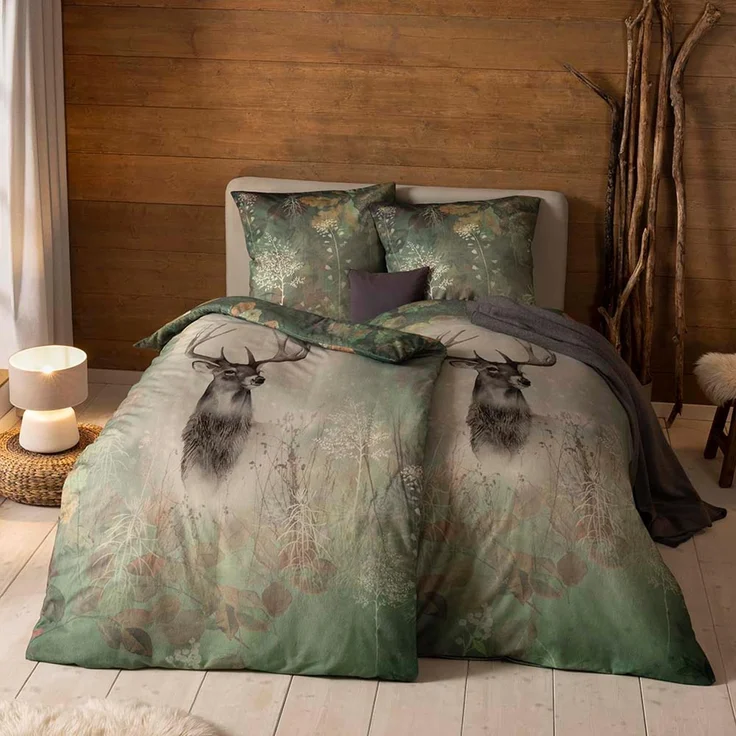 Estella Kuschel Flanell Bettwäsche 155x220 Wilbur moos grün Hirsch Herbst 4444-500 – Bild 2