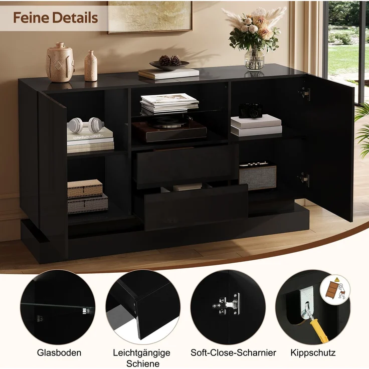 ZUBALIYA Sideboard 140x40x80 cm, mit LED-Beleuchtung, Hochglanz, mit 2 Türen, aus Spanplatte, Schwarz – Bild 16