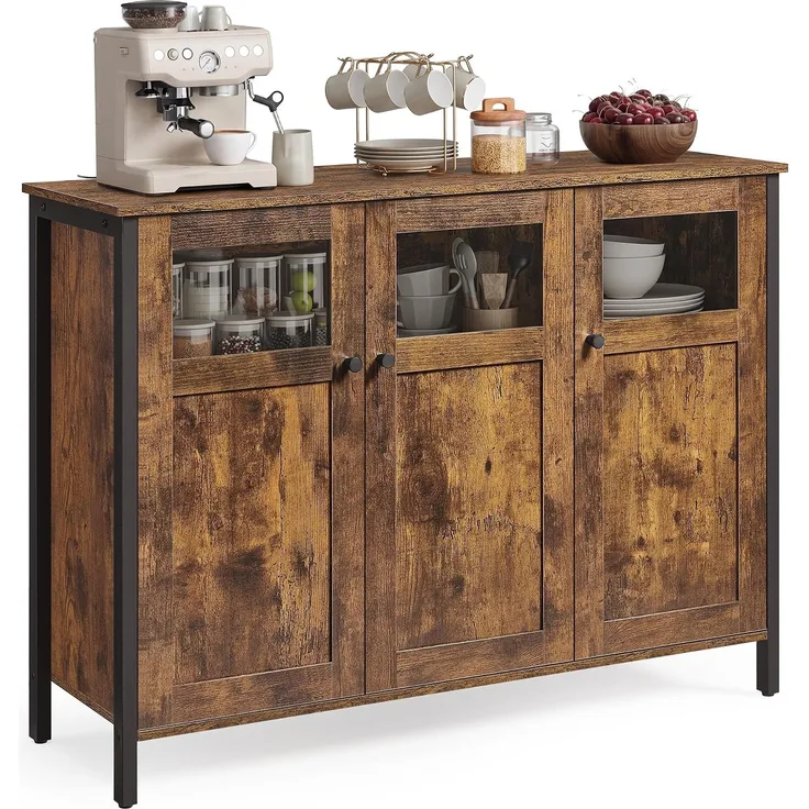 Vasagle Küchenschrank mit Glastüren, Stahlrahmen vintagebraun-schwarz, LSC099B01, 75 x 35 x 100 cm