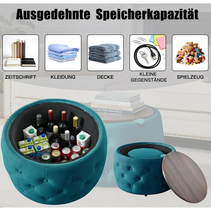 Luxuriöses 2er-Set Nesting-Hocker aus Samt, 4-in-1-Funktion, runder Stauraum-Fußhocker mit Holzablage, kein Aufbau erforderlich, Blau--Blau--59.6x59.6x38cm--YOUDENOVA – Bild 4