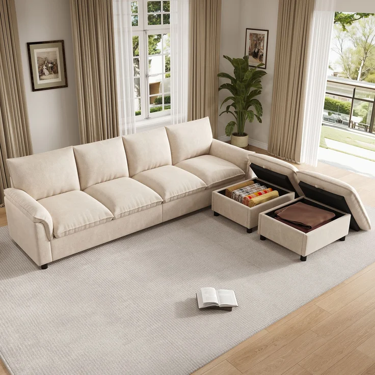 Merax U-förmiges modulares Sofa, bequemes Ecksofa mit Deep-Seat-Design, mit 2 beweglichen Fußhockern, hohe Rückenlehne, Chenille, Beige, B264.5/D142.5/H84 – Bild 5