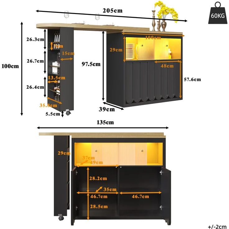 Merax Ausziehbarer Bartisch mit Stauraum(135-205×39×100cm) , Moderner Beweglicher Bar Table, Teleskopischer Bartisch mit LED, Stehtisch Bistrotisch, Schwarz – Bild 4