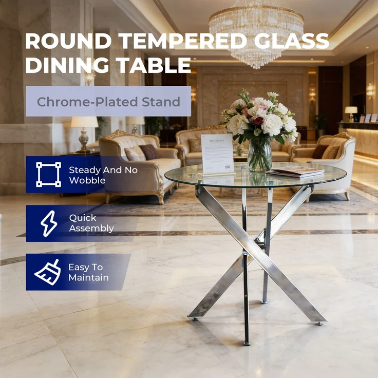 JARDJ Esstisch mit gekreuzten Metallbeinen und Tischplatte aus gehärtetem Glas, moderner, platzsparender Küchentisch für das Wohnzimmer, verchromte Beine, runder Tisch, silberfarbene Beine, 80 x 80 x 75 cm – Bild 2