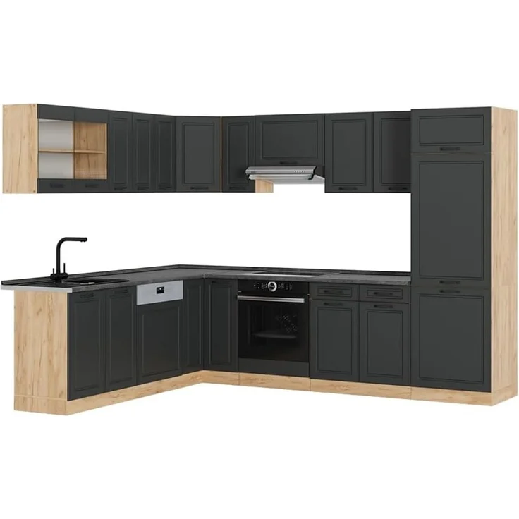 Eckküche R-Line Anthrazit Landhaus/Goldkraft Eiche 287 x 227 cm ohne Arbeitsplatte Vicco – Bild 1