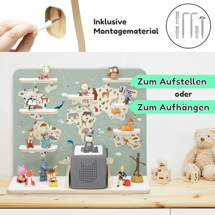 stadtecken Holzregal für Musikbox I Geeignet für die Toniebox und ca. 50 Tonies I Perfekte Tonie Aufbewahrung im Kinderzimmer I Zum Aufstellen oder Aufhängen I Atlas, groß – Bild 8