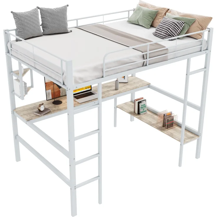 Bett 90x200 cm Hochbett aus Metall mit Schreibtisch und Bücherregal, Weiß – platzsparend und sicher
