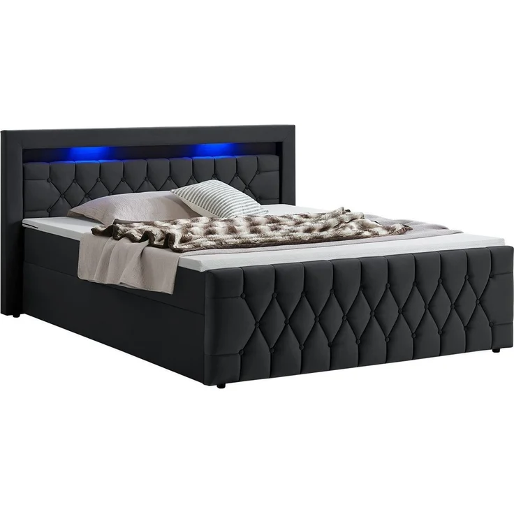 Juskys Boxspringbett Leona 180x200 cm - Bett mit LED Beleuchtung, Topper & H4 Federkern Matratzen - Einzelbett Schwarz mit Samt und Steppung – Bild 1