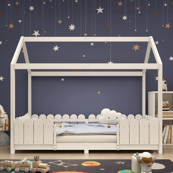 Hausbett mit Lattenrost, 90x200 cm, Kinderbett mit Rausfallschutz, Kiefer – Bild 2