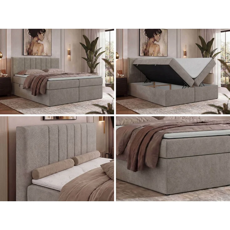 Boxspringbett INERO 180 x 200 mit Matratze H4 und Topper Visco, 7-Zonen-Multipocket-Kern, zwei Bettkästen, Doppelbett, gepolstert Kopfteil - Greige Stukture – Bild 2