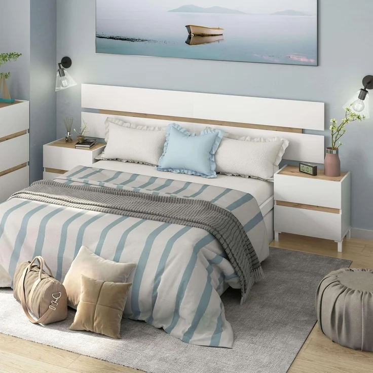 Habitdesign, modernes Kopfteil mit 2 Nachttischen und 4 Schubladen – Schlafzimmer-Set in Arktisweiß & Eiche Nodi, viel Stauraum, Maße: 255 x 100 x 34 cm (B x H x T), Modell Tempus – Bild 5