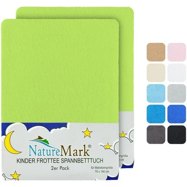 NatureMark Spannbettlaken Frottee Spannbettlaken, 80% Baumwolle / 20% Polyester, Gummizug: rundum, (2 Stück), 2er Set Kinder Spannbettlaken Frottee, Spannbetttuch 80% Baumwolle / 20% Polyester, für Babybett und Kinderbett, 70x140 cm - Apfel grün – Bild 4