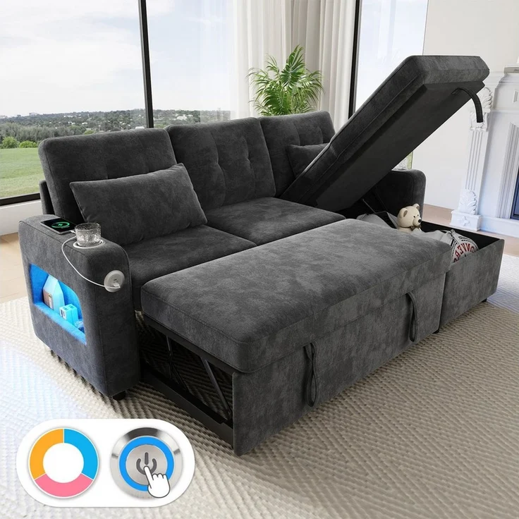 Merax Ecksofa mit LED‑Beleuchtung & USB, L-förmiges Sofa mit Schlaffunktion, multifunktionales Schlafsofa aus Chenille, für Wohnzimmer/Schlafzimmer 1 Teile, 3-Sitzer-Sofa mit Getränkehalter, Seitentaschen & verdeckten Stauraum – Bild 5