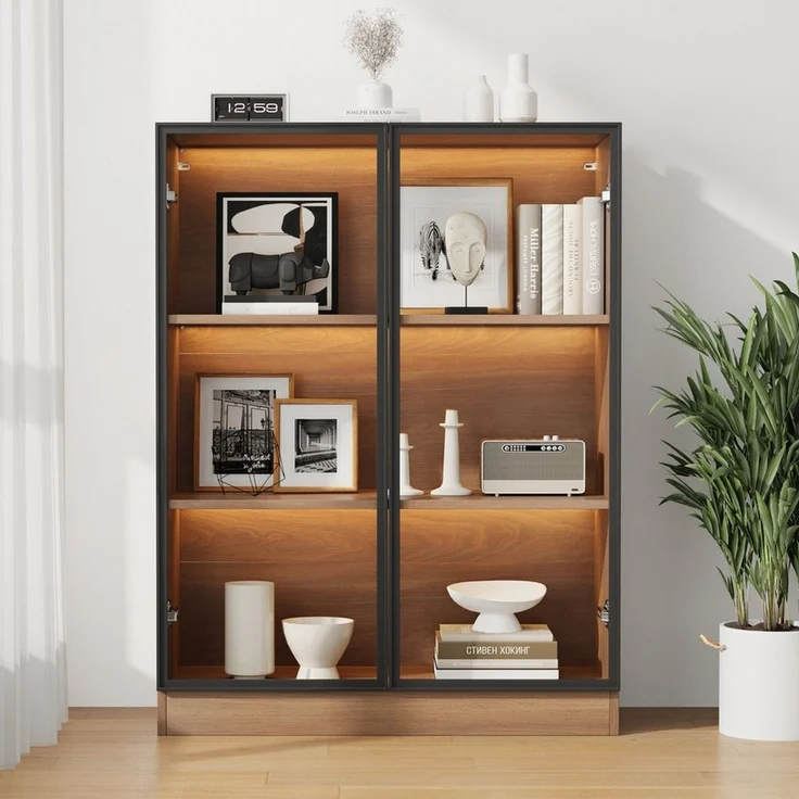 autolock Vitrine Moderne Glasvitrine mit LED-Beleuchtung und Aluminiumrahmen, 3 Ebenen (80x30x106 cm) Standvitrine Aufbewahrungsschrank für Wohn- und Esszimmer – Bild 2