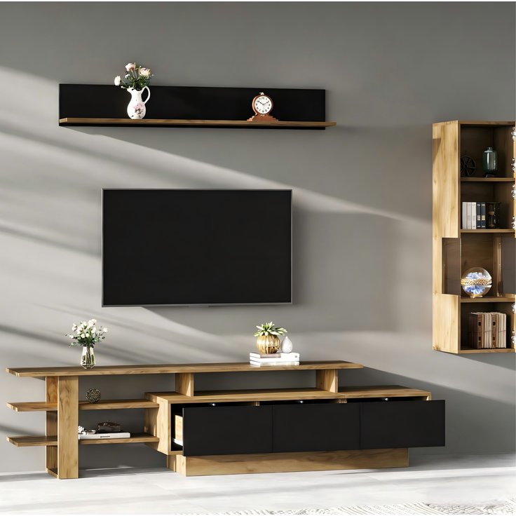 DESVIAE TV-Schrank-Set 3-tlg. mit LED-Beleuchtung und 3 Schubladen 180x40x45 cm MDF Naturholz/Schwarz – Bild 3