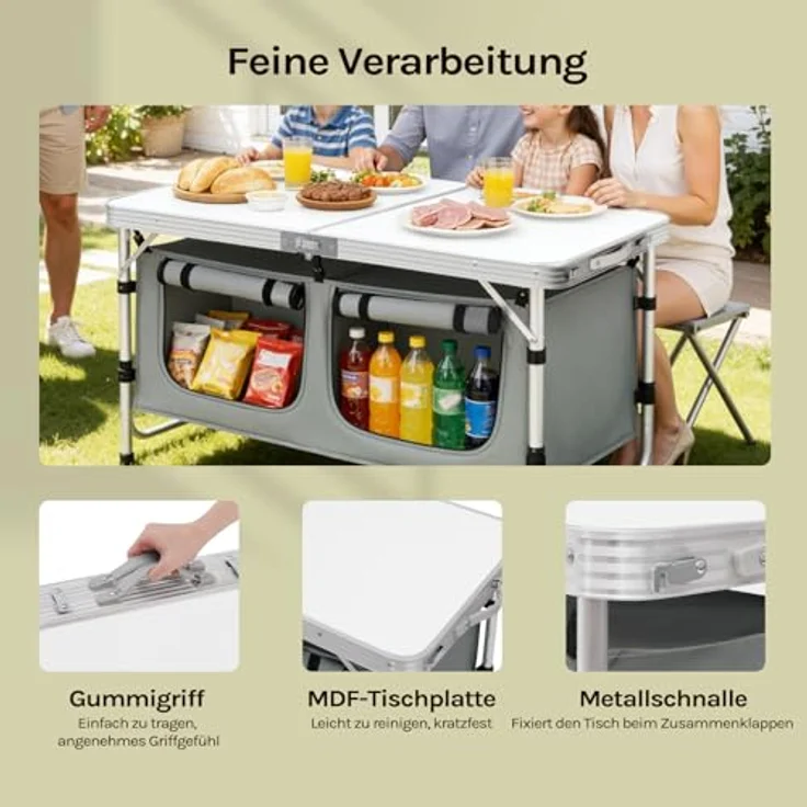 WOLTU faltbar Campingschrank Alu Campingtisch Höhenverstellbar mit Stauraum, Outdoor Campingmöbel Klapptisch Gartentisch für Picknick Strand im Freien, Weiß+Grau – Bild 7