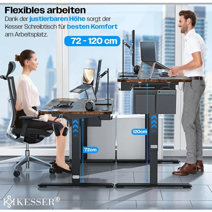 KESSER® Höhenverstellbarer Schreibtisch elektrisch | Ergonomisch Steh-Sitz Schreibtisch | 3-Funktions-Memory Steuerung | Inkl. 360° Rollen & USB-Ladeanschluss | Computertisch für Homeoffice Braun, 160 x 70 cm – Bild 4