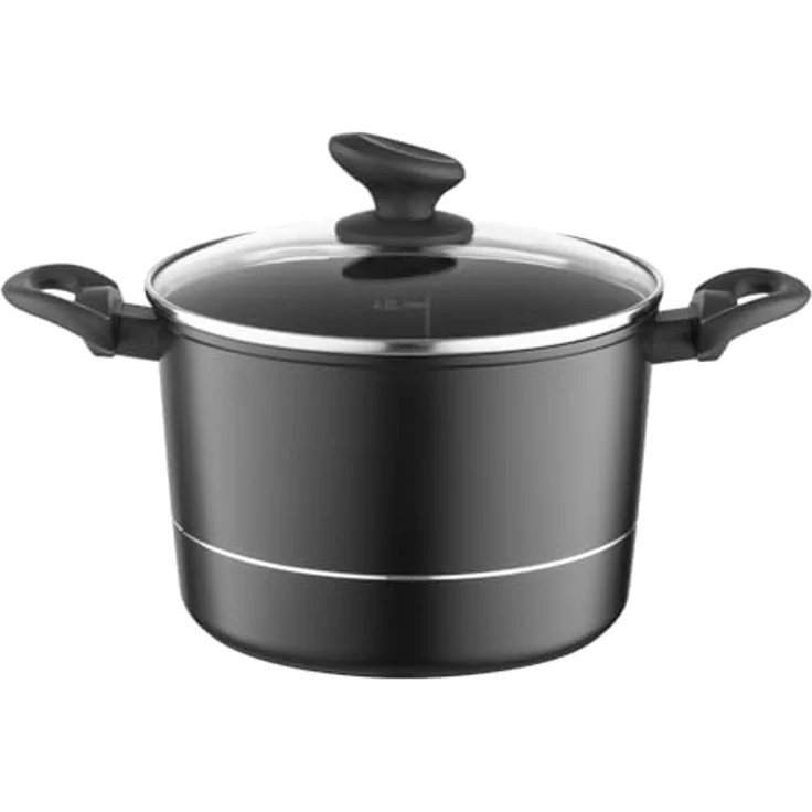FLORINA Aluminium Topf (5 l) 22 cm I Kochtopf DELUX mit Glasdeckel I Messbecher & Antikratz-Beschichtung I Hoher Topf mit Induktionsboden I Induktionsherd, Gasherd, Elektroherd (Schwarz) – Bild 1