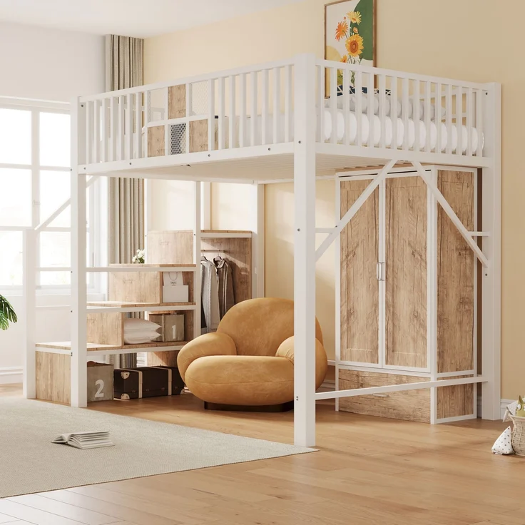 EINHOM Metall-Hochbett 140 x 200 cm mit Markantem Geländerdesign aus Holz und Metallgitter, Komplett mit Großem Kleiderschrank, Schubladen und Aufbewahrungsleiter, Weiß (Ohne Matratze) – Bild 4