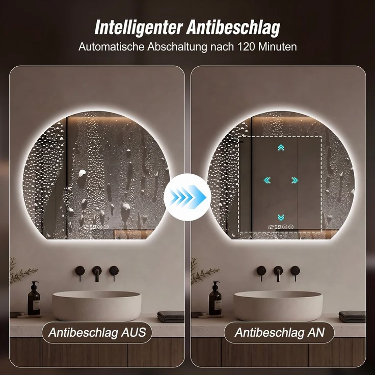 Badspiegel 80x80 cm mit LED-Beleuchtung, Antibeschlagfunktion und Anzeige, Silber – Bild 6