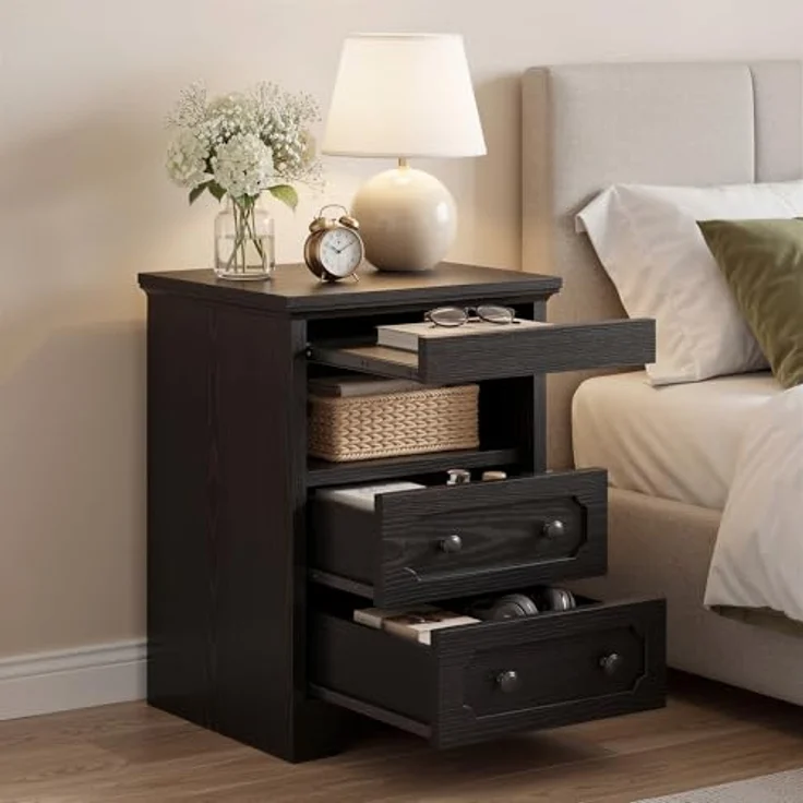 IRONCK Nachttisch 2er Set, Moderne Nachtkonsole mit 2 Schubladen, Offenem Fach, Beistelltisch mit Herausziehbarer Ablage, Holz-Nachttisch für Schlafzimmer, Wohnzimmer, Schwarz – Bild 7