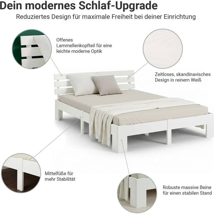 Holzbett mit Federkernmatratze 140x200 Weiß Jugendbett Doppelbett Bett Holzbettrahmen Massiv Holz Lattenrost – Bild 4