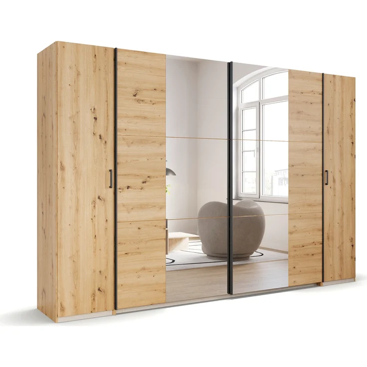 rauch Kleiderschrank, Dreh- und Schwebetürenschrank KRONACH, 4-türig, 2 Spiegeltüren teilaufgelegt, Eiche Artisan, 311 x 210 x 59 cm – Bild 3