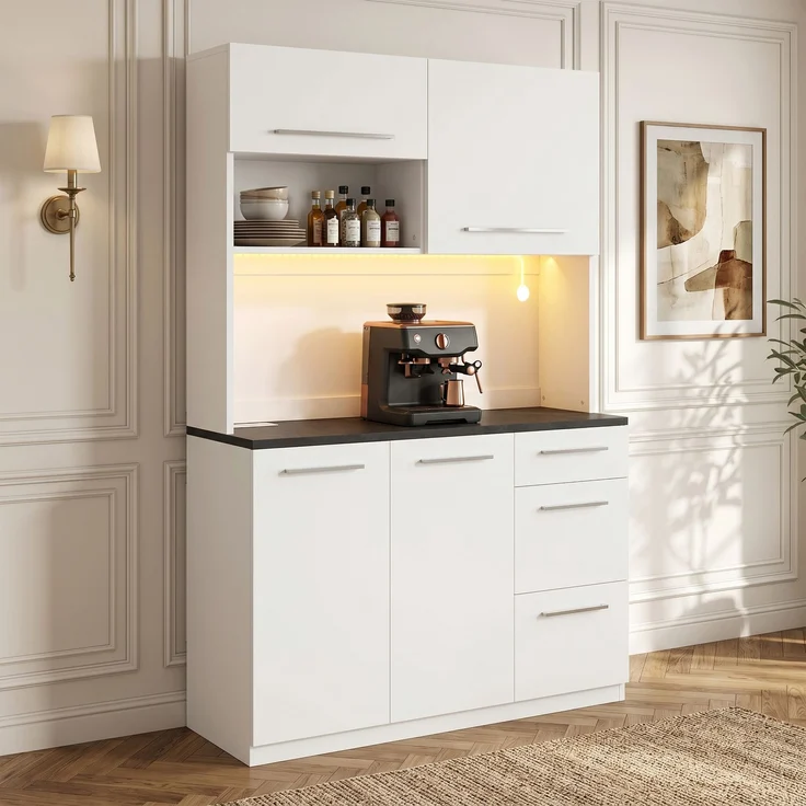 Buffetschränke, Esszimmer-Hochschrank 120×40×180 cm, mehrstufigem Stauraum, integrierter Steckdose sowie USB-C- und USB-A-Anschlüssen,Mit farbigem Lichtstreifen, Weiß – Bild 5