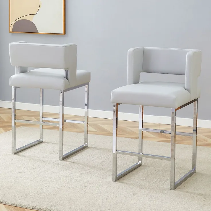 2 Sätze hellgrauer Nordic Windbar Stuhl, mit modernem quadratischem Design, silbernen Metallbeinen, leichtes und bequemes Set. Erfüllen Sie Ihre vielfältigen Bedürfnisse an Produkten.--Hellgrau, Silber--91.4x53.3x48cm--YOUDENOVA