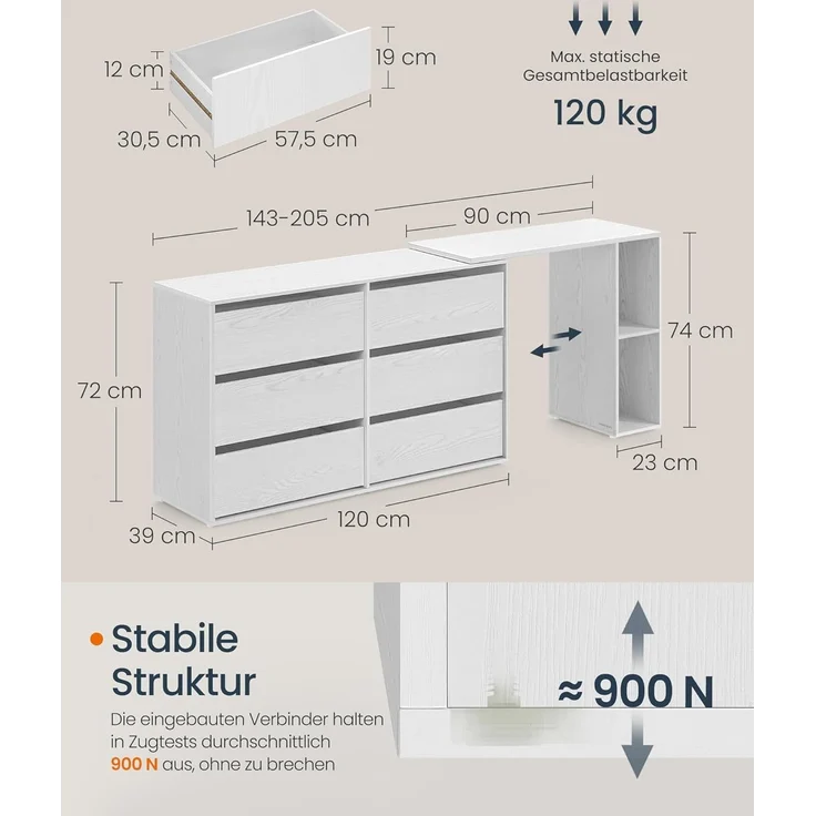 SONGMICS HOME Kommode, Schrank, Schminktisch mit Regal, Schnelle werkzeuglose Montage, nebeneinander oder L-förmig, für Schlafzimmer, Arbeitszimmer, Toolless-Technologie,schneeweiß – Bild 4