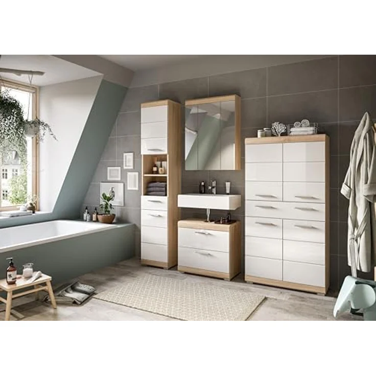 Xonox Lambada Badmidischrank (B/H/T: 74x141x31 cm) in weiß Hochglanz und Sonoma Eiche hell – Bild 6