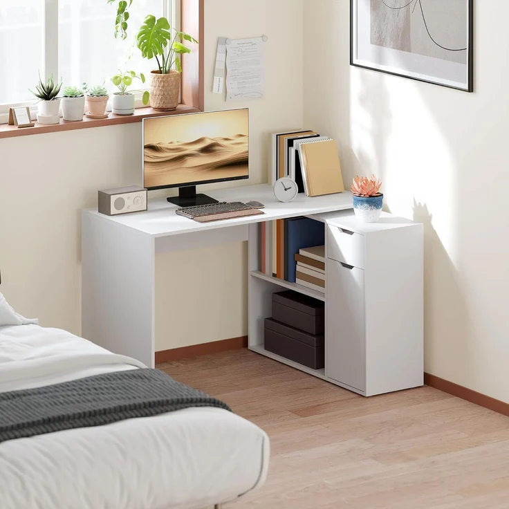 HOMCOM Eckschreibtisch mit Offenen Ablagen, Schublade, 1 Tür (Computertisch, 1-St, Winkelschreibtisch), für Dokumente im A4-Format, Arbeitszimmer, 120 x 96 x 75 cm, Weiß – Bild 7