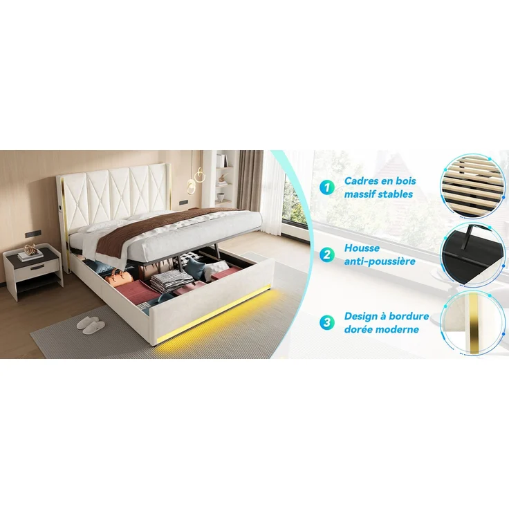 TavilaEcon Boxspringbett Veloursbett mit hohem Kopfteil, Seitentaschen & USB beige Liegefläche 180 × 200 cm – Bild 2