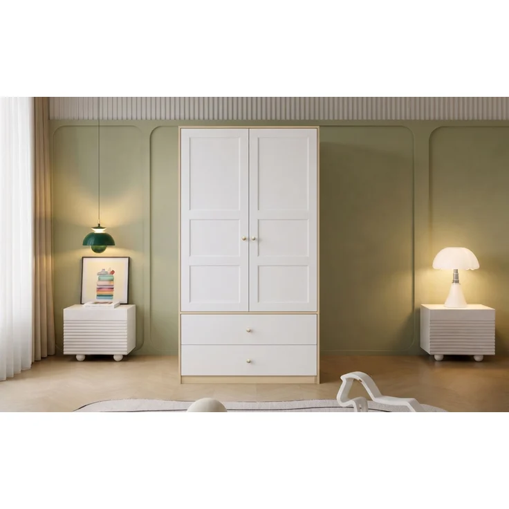 ZUBALIYA Doppeltüriger Kleiderschrank, 2-türiger Kleiderschrank, mit 2 Schubladen und Kleiderstange, Schlafzimmermöbel, Garderobenschrank, Kleiderschrank mit Kleiderstange, 100 x 48 x 180 cm,Weiß und Holzoptik – Bild 16