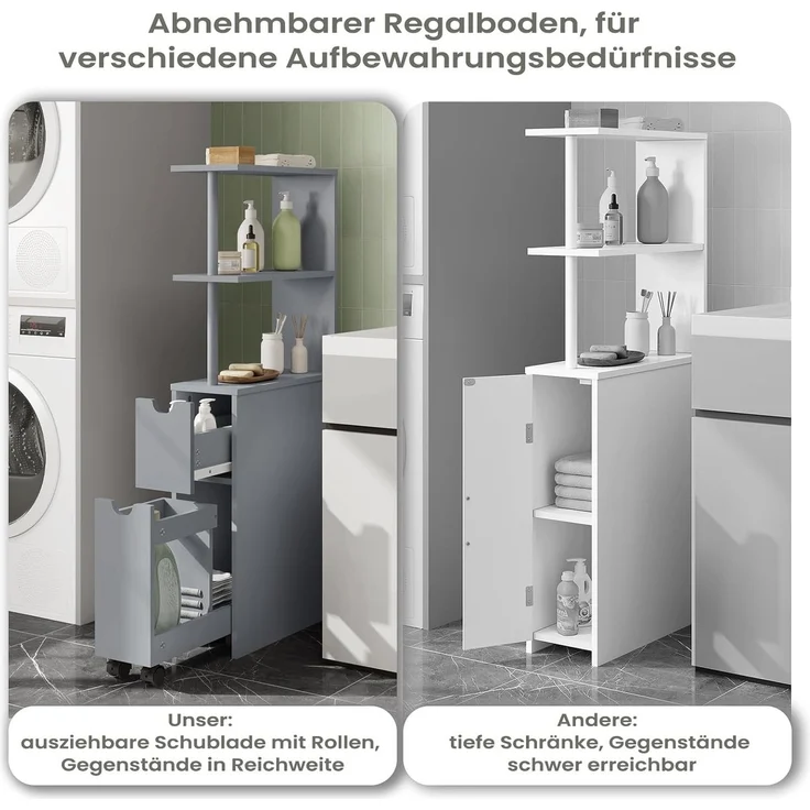 EUGAD Mehrzweckschrank (1-St) Nischenschrank schmal, mit Schublade auf Rollen, Grau – Bild 3