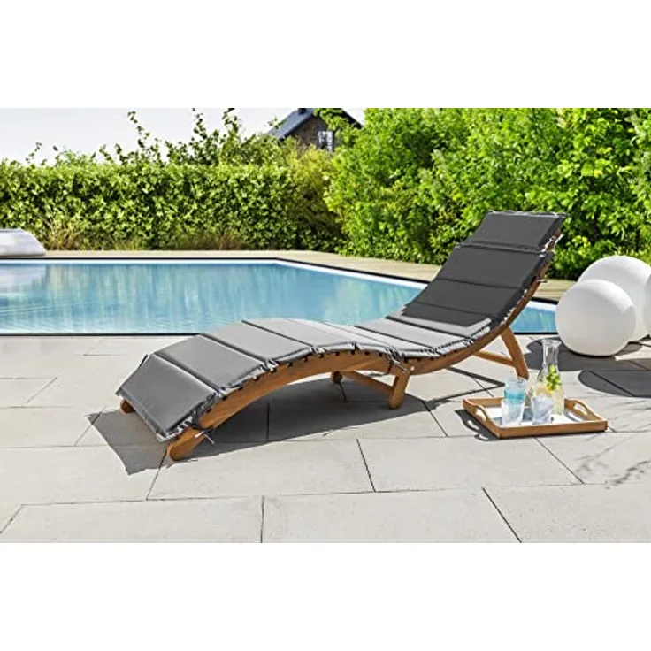 CHILLROI® faltbare Akazienholz-Sonnenliege, klappbar mit Wende-Polsterauflage in Hellgrau/Dunkelgrau, ca. 184 x 54 x 63 cm, max. Belastbarkeit 110 kg