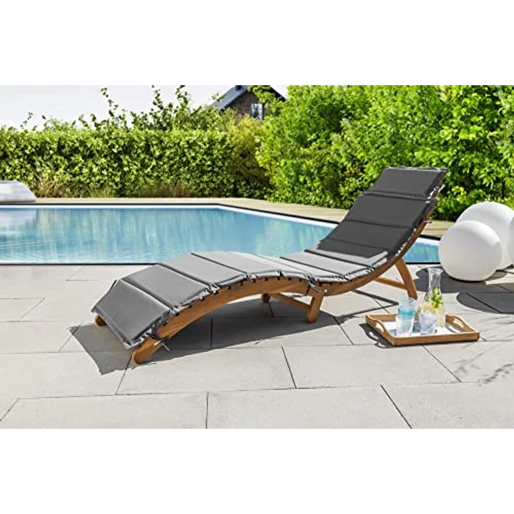 CHILLROI® faltbare Akazienholz-Sonnenliege, klappbar mit Wende-Polsterauflage in Hellgrau/Dunkelgrau, ca. 184 x 54 x 63 cm, max. Belastbarkeit 110 kg – Bild 1