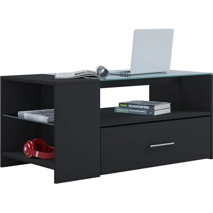 MID.YOU Couchtisch Schwarz, Glas-Holzwerkstoff, 1 Schublade, 100x45x50 cm mit Stauraum – Bild 4