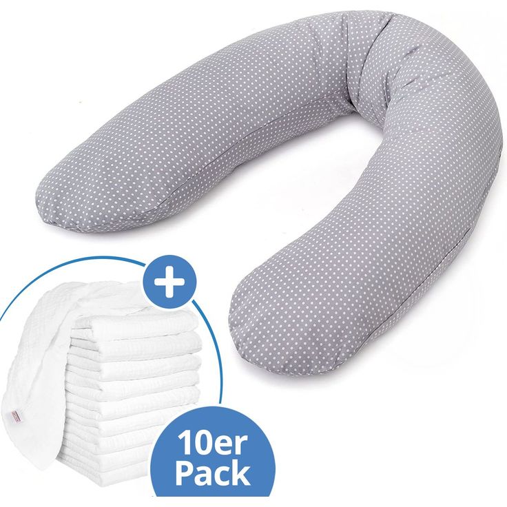 Theraline Dodo Premium Stillkissen, 180 cm mit feiner Perlen-Füllung, inkl. Baumwoll-Bezug und 10er Pack Mulltücher, Polka Dots - Grau