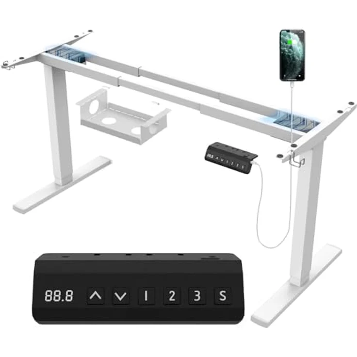 JUMMICO Dual-Motor Tischgestell Höhenverstellbar mit USB-Buchse und Kabelwanne, Elektrisch Höhenverstellbarer Schreibtisch Gestell mit Sitz-Steh-Erinnerungs und Rollen（Weiß） – Bild 2