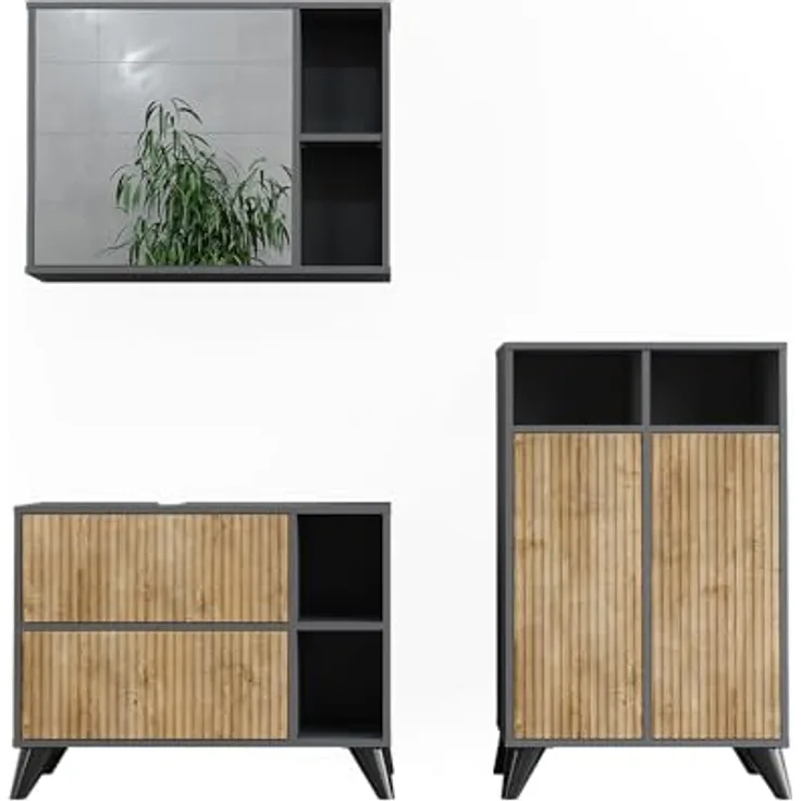 Vichy Badmöbel-Set Leano, Waschbeckenunterschrank und Spiegelschrank, Anthrazit/Bergeiche, 80 cm, Set 2