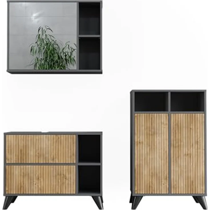 Vichy Badmöbel-Set Leano, Waschbeckenunterschrank und Spiegelschrank, Anthrazit/Bergeiche, 80 cm, Set 2 – Bild 1