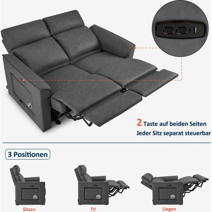 M MCombo 2 Sitzer Fernsehsessel Elektrisch Verstellbar 155°Zero-Gravity-Kinosessel mit Verstecktem Beistelltisch, 2 Sitzer Sofa mit Schlaffunktion 35D Vollschaum-Sitzkissen 7719M1 (Dunkelgrau) – Bild 6