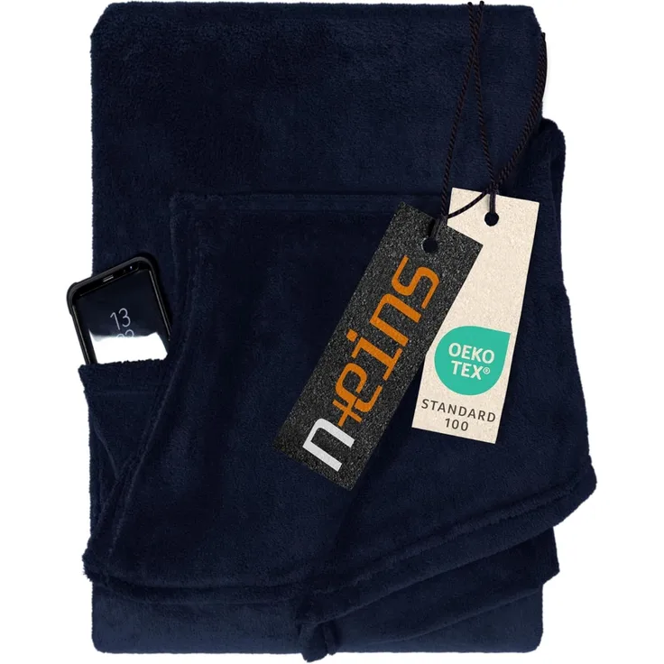 npluseins Coral Fleece Kuscheldecke – das Original mit Ärmel & Bauchtasche 1448. 2043, Marine