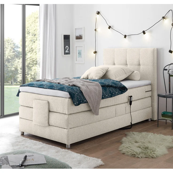 Lomadox Boxspringbett MANAUS-09, 120x200 cm, Ivory creme, elektrisch verstellbar, Taschenfederkern-Matratze