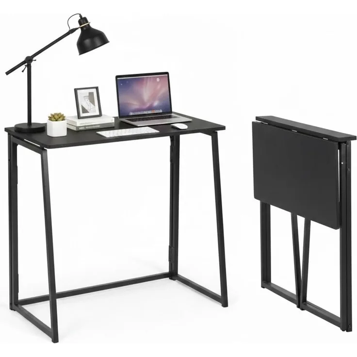 FurnitureR Kompakter Klappschreibtisch 80 × 40 cm, Platzsparender Laptop Tisch für Studenten, WG und Kleine Wohnungen, Stabiler Computertisch mit Metallrahmen, In Schwarz