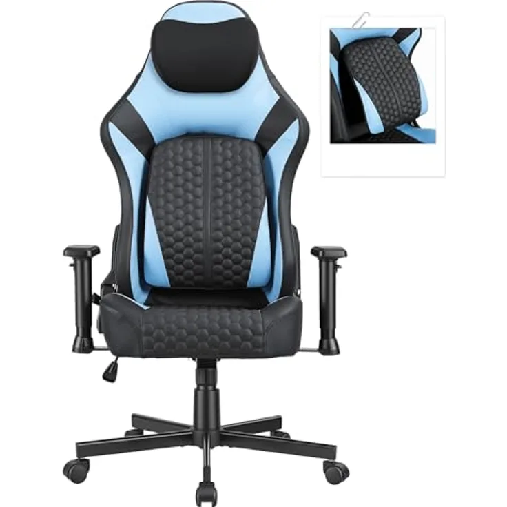 JUMMICO Gaming-Stuhl mit Verstellbarer Lendenwirbelstütze & 2D-Armlehnen, 90-140° Neigbar, Ergonomischer Computerstuhl aus Kunstleder, Atmungsaktiver Bürostuhl für Gamer & Büro, 150 kg, Blau